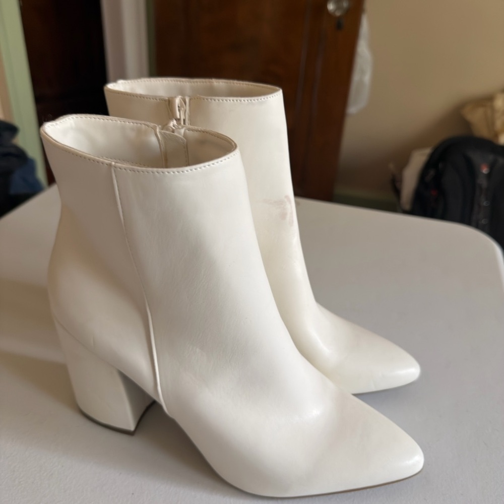 Women's White Ankle Boots - Sleek Pointed Toe Block Heel